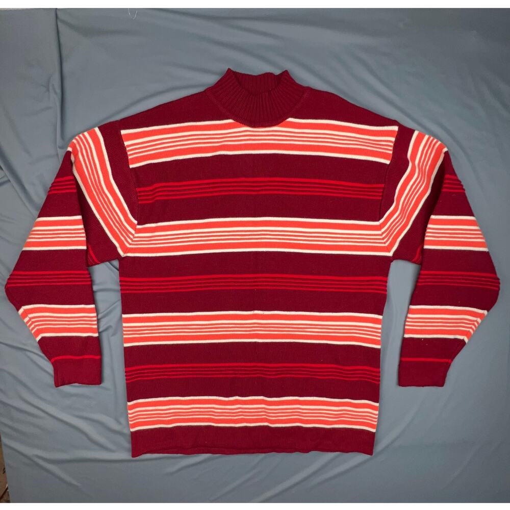 Godbody Men’s Red Orange White Striped Acrylic Crewneck Sweater L